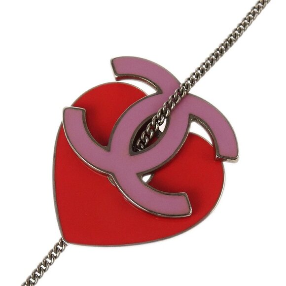 Chanel CC Heart Chain Necklace Silver Pink 04P - Picture 3 of 4